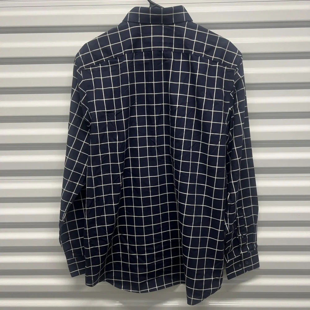 Banana Republic Mens Shirt Large Cotton Navy Blue Windowpane Camden Fit Non-Iron